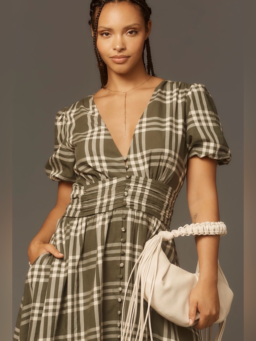 Anthropologie Katerina Button-Front Plaid Puff-Sleeve Midi Dress L - 100% Cotton - Picture 13 of 15